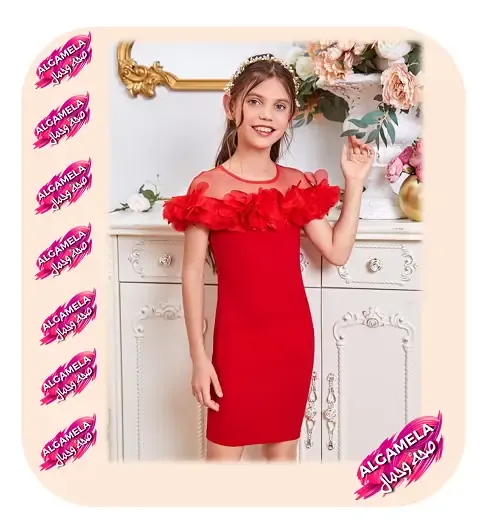 فساتين أطفال سواريه سك قصيرة باللون الأحمر بكتف شفاف