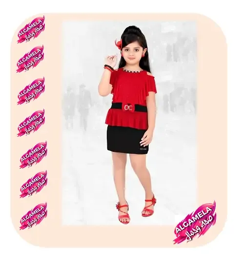 فساتين أطفال سواريه سك باللون الأحمر والأسود بحزام أنيق