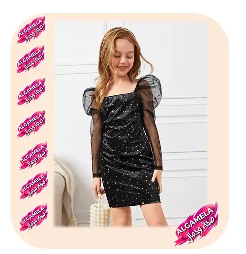 فستان أطفال سواريه سك قصير باللون الأسود وأكمام طويلة شفافة