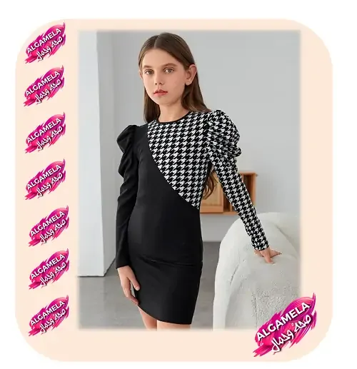 ستايل فستان سواريه من طبعة مربعات أبيض وأسود على أكمام طويلة