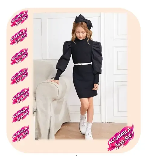 فساتين سواريه اطفال سك أسود كم طويل واسع يتزين في الوسط بسوار بالون الأبيض