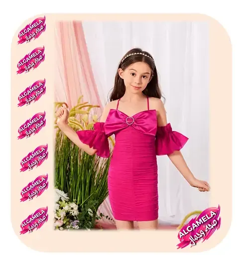 فساتين سواريه اطفال سك وردي بأكتاف عارية