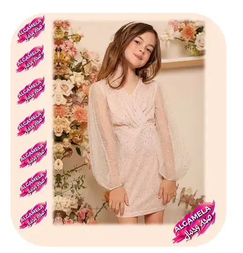 أكمام شفافة واسعة مع فستان سهرة سك أطفالي وردي