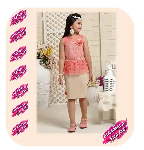 فستان سواريه سك أطفال قصير باللون الوردي والبيج