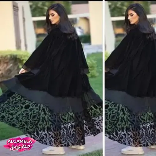 عبايات سوداء: اجعلي إطلالتك جذابة بأحدث تشكيلة من العبايات عباية شتوية مخمل باللون الأسود مزينة بتفاصيل دانتيل.