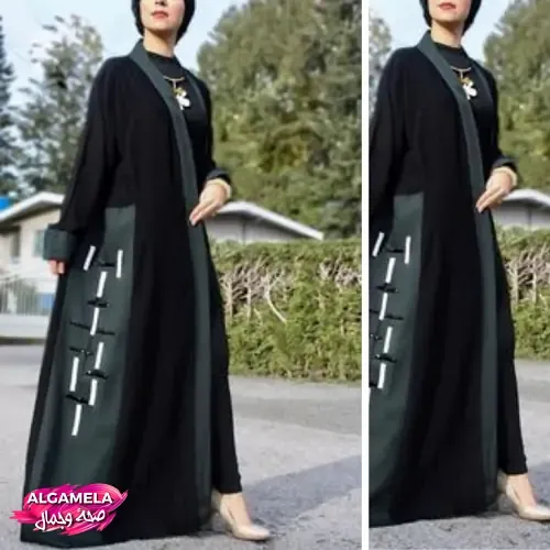 عبايات سوداء: اجعلي إطلالتك جذابة بأحدث تشكيلة من العبايات عباءة نسائية صيفية سوداء بتصميم عصري يجمع بين اللونين الأسود والأخضر الداكن مع تفاصيل بيضاء طولية.