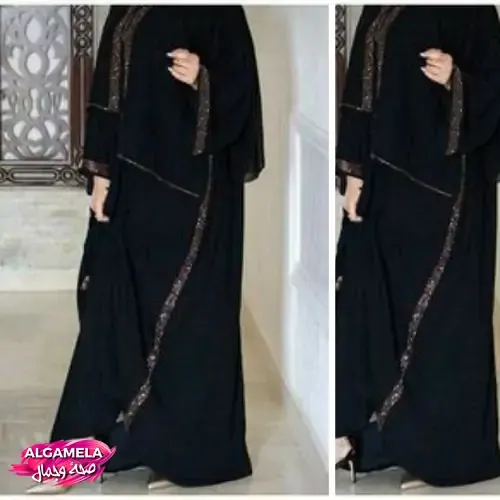 عبايات سوداء: اجعلي إطلالتك جذابة بأحدث تشكيلة من العبايات تصميم دبي، تتميز بتطريز دقيق على الأكمام والأطراف الأمامية.